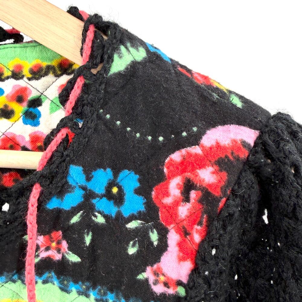 Free People Black Crochet Floral Cottagecore Boho Lace Up Sweater Top - Picture 3 of 9